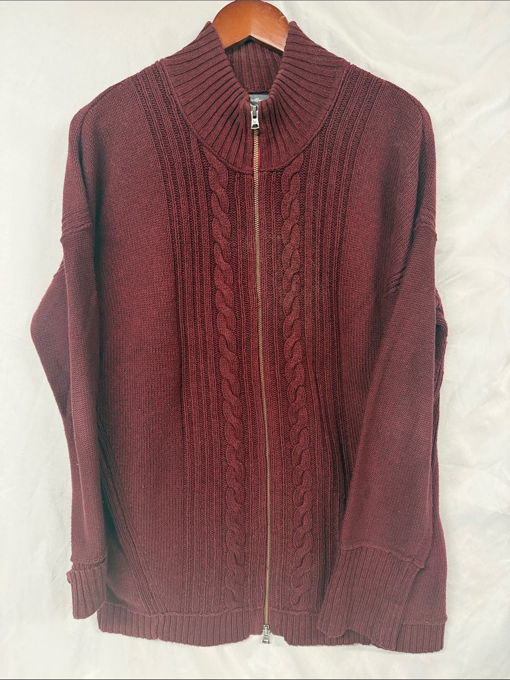 Eddie Bauer Burgundy Cable-Knit Zip Sweater